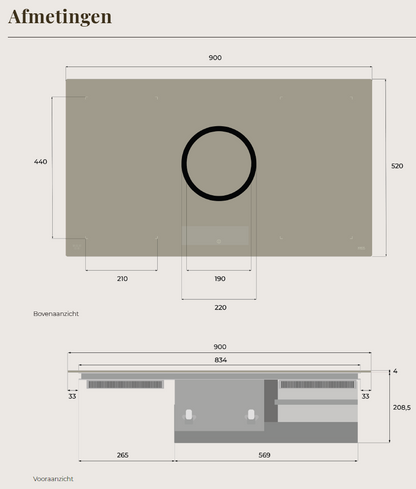 MAKUS Moon 90 cm inductiekookplaat met geïntegreerde afzuiging maatvoering en kookzones