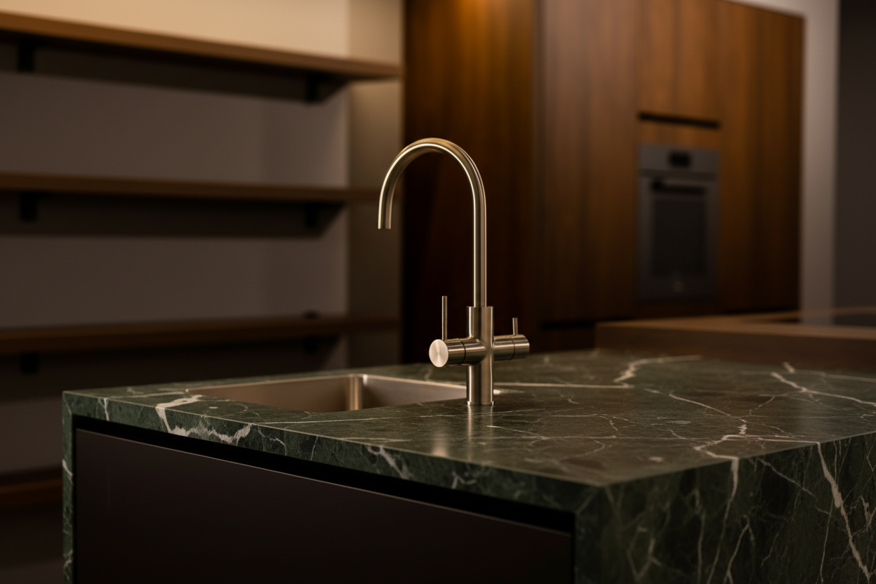 Kokend water kraan met gekoeld en bruisend water in moderne designkeuken van Steel and Oak