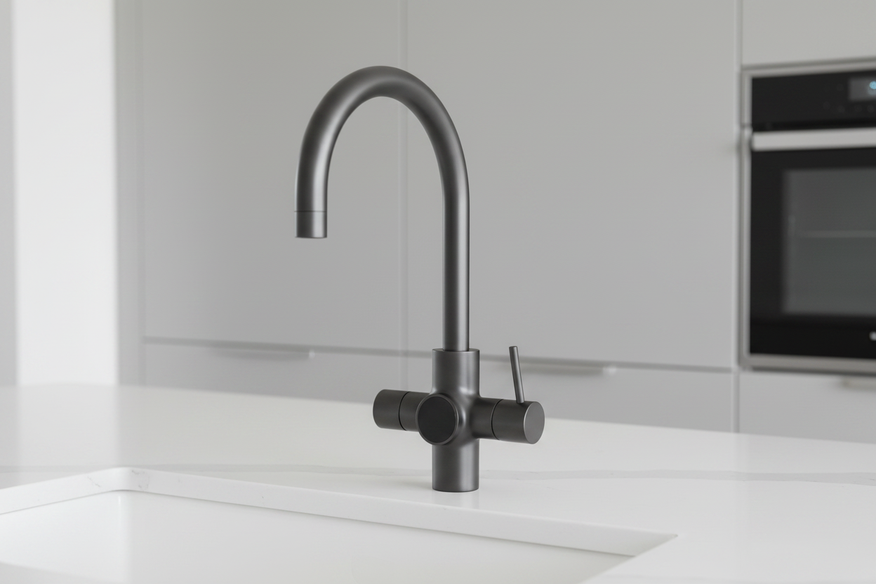 Closeup gunmetal kraan zonder achtergrondkraan