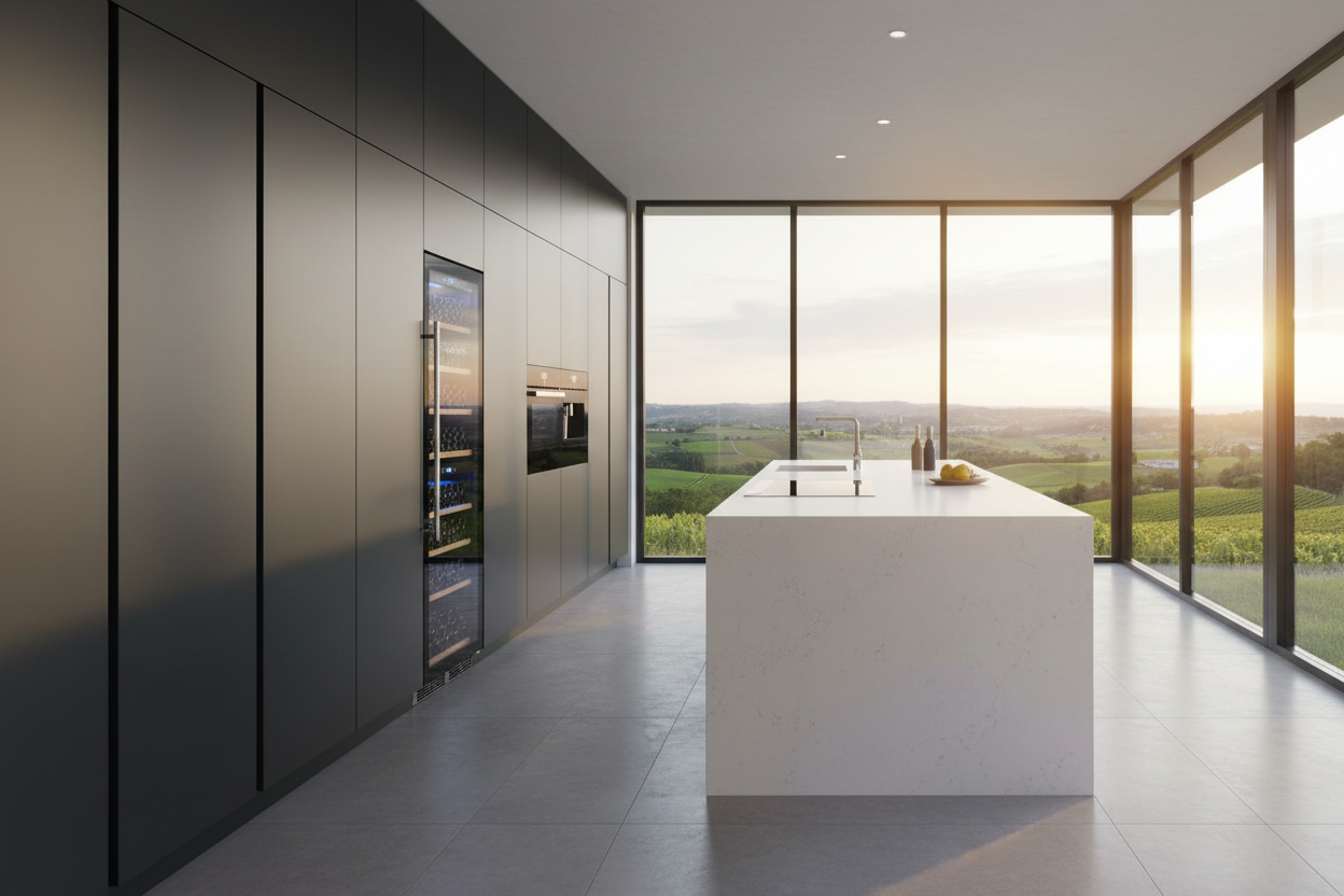 Realistische moderne luxe keuken met ingebouwde wijnkoelkast