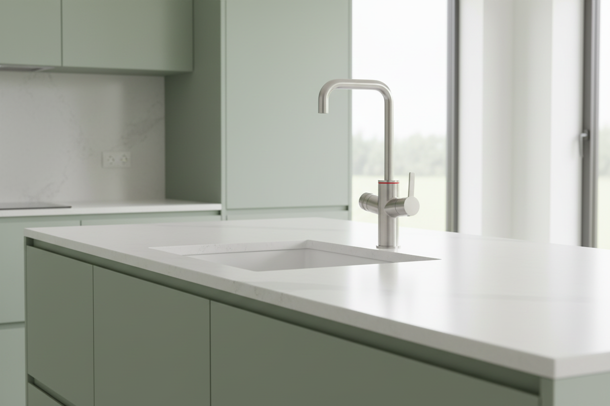 Universe kraan in sage green keuken